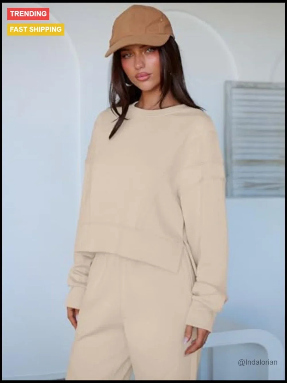 Cropped Sweatshirt Joggers Lounge Set Loose Fit Rayon Polyester Elastane - Picture 6 of 7